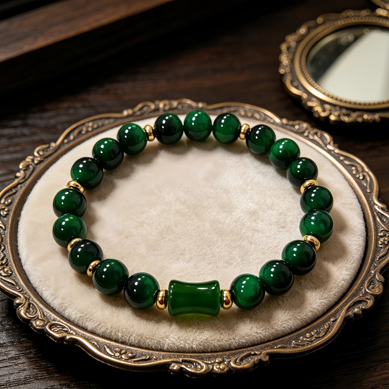 Women's Dark Green Chalcedony Beaded Bracelet, Vintage Elegance